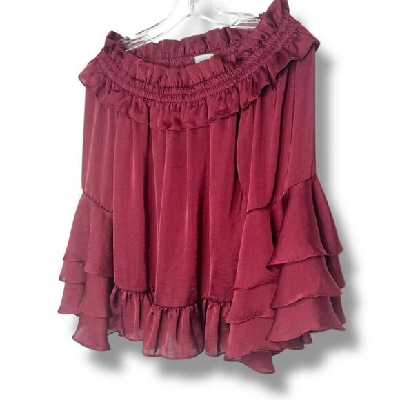 MISA Los Angeles Saskayi Off Shoulder Long Sleeve Tiered Ruffle Burgundy Blouse - Picture 2 of 11